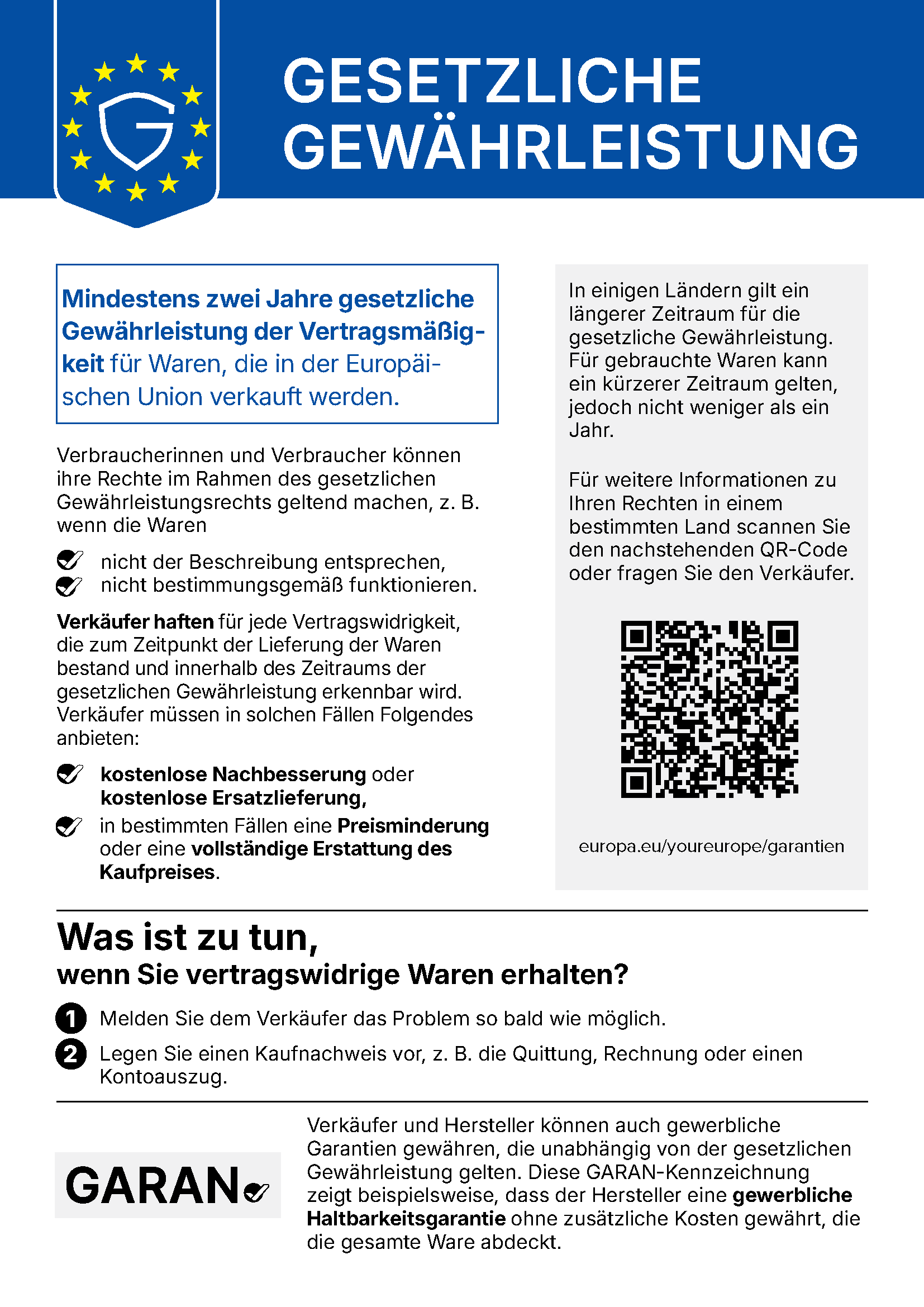 Hinweis zu Ihren gesetzlichen Gewährleistungsrechten